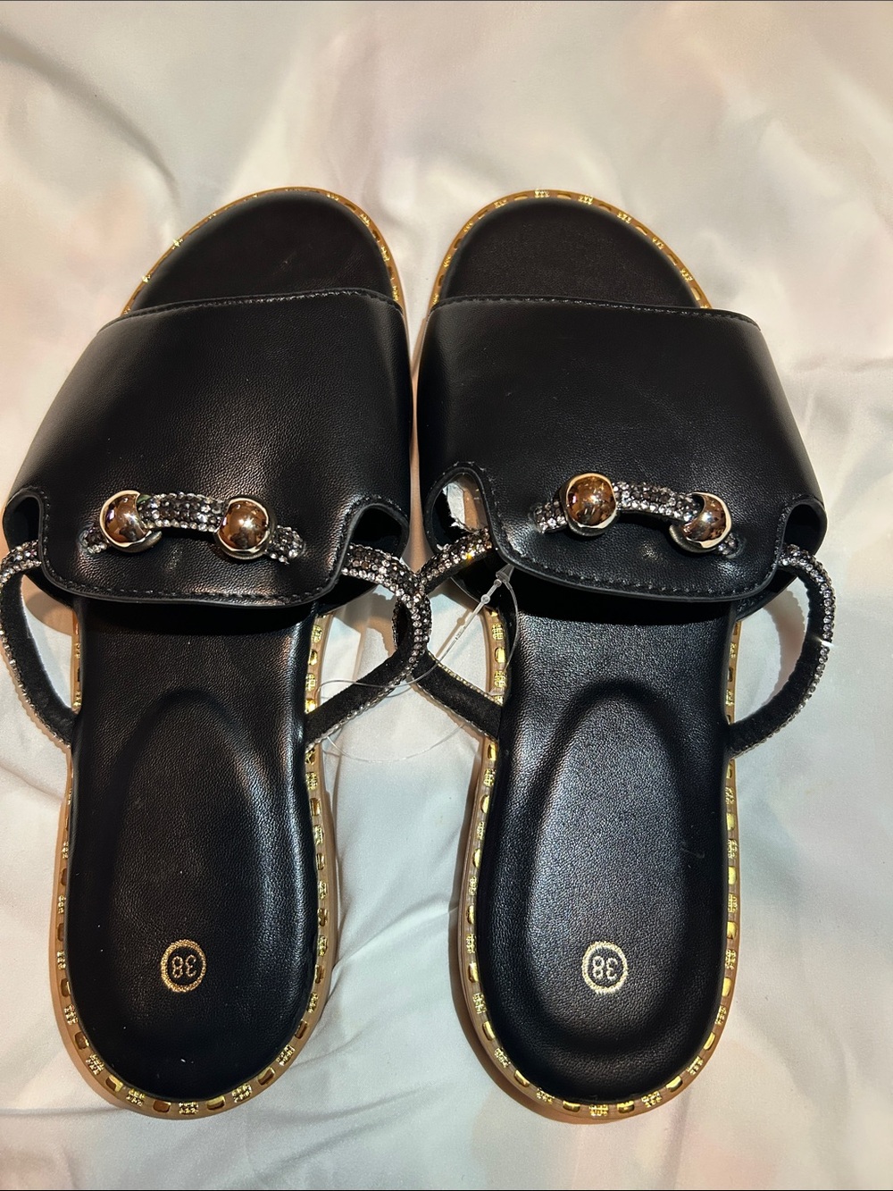 Black Slide Sandals with Gold Trim and Crystal-Accent Strap